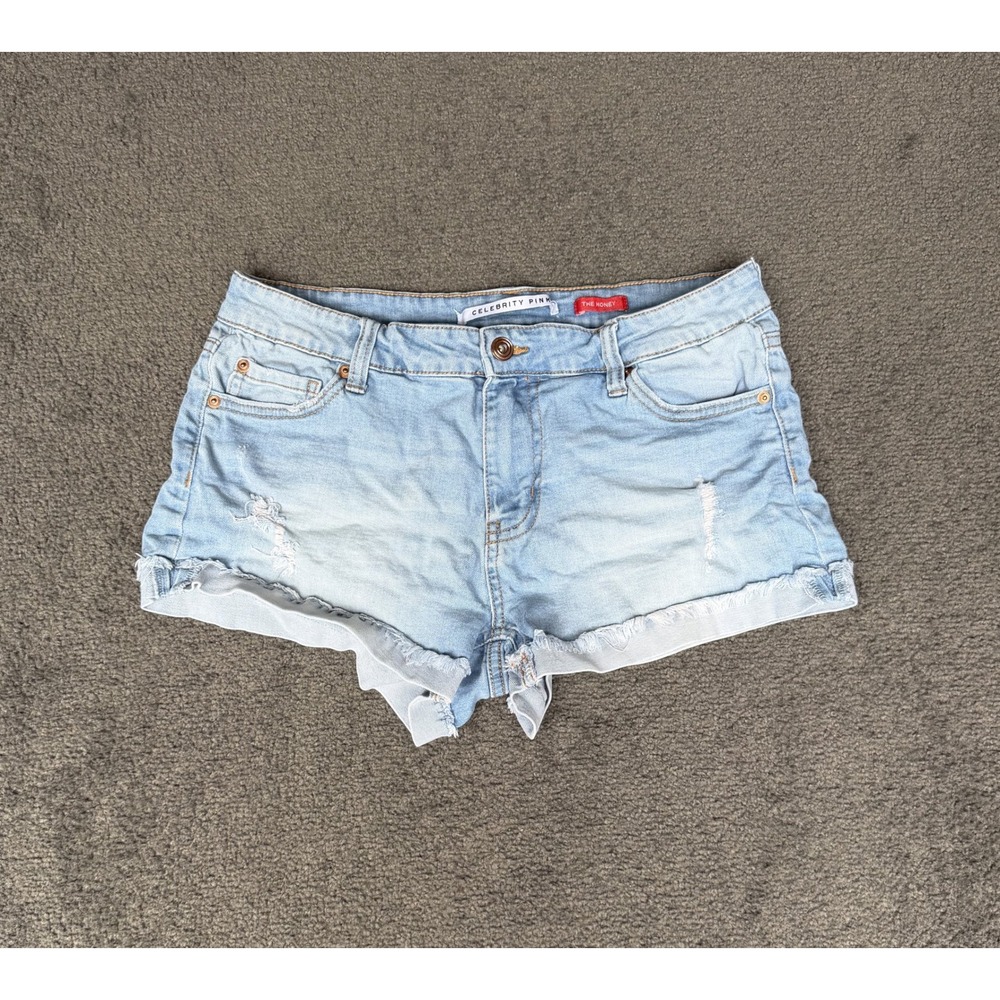 Celebrity Pink The Honey Distressed Light Wash Denim Shorts Size 9/29 Frayed Hem